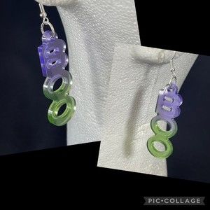 Resin Halloween BOO Earrings Green & Purple Hand Crafted Glow in the Dark